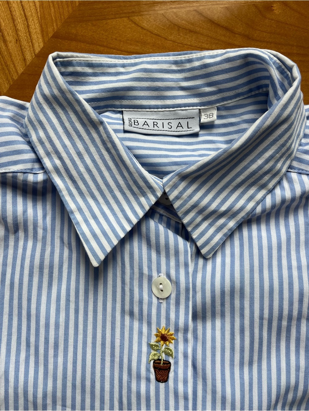 Aris Blue and White Striped Collared Shirt with Sunflower Embroidery